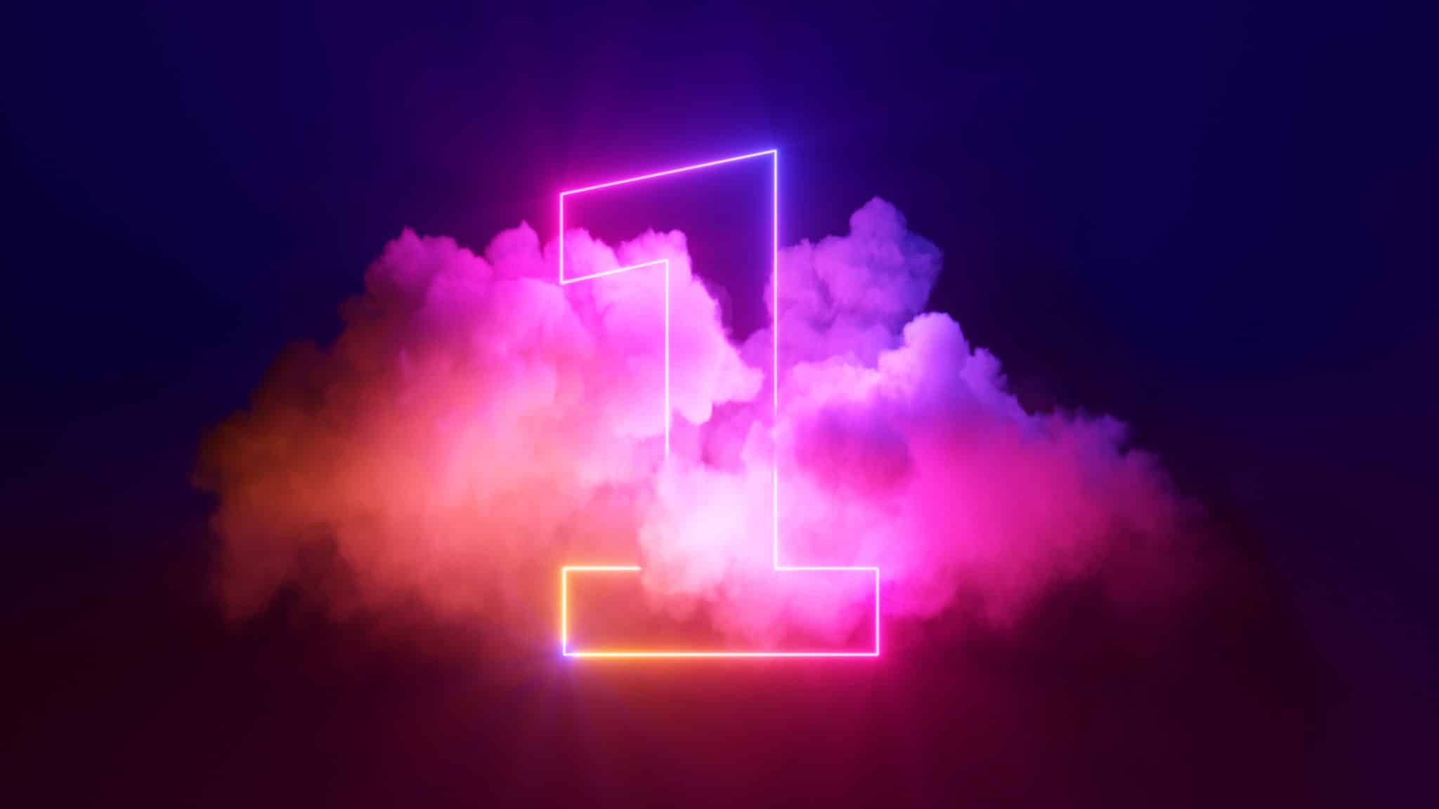 3d render, neon linear number one and colorful cloud glowing with pink blue neon light, abstract fantasy background