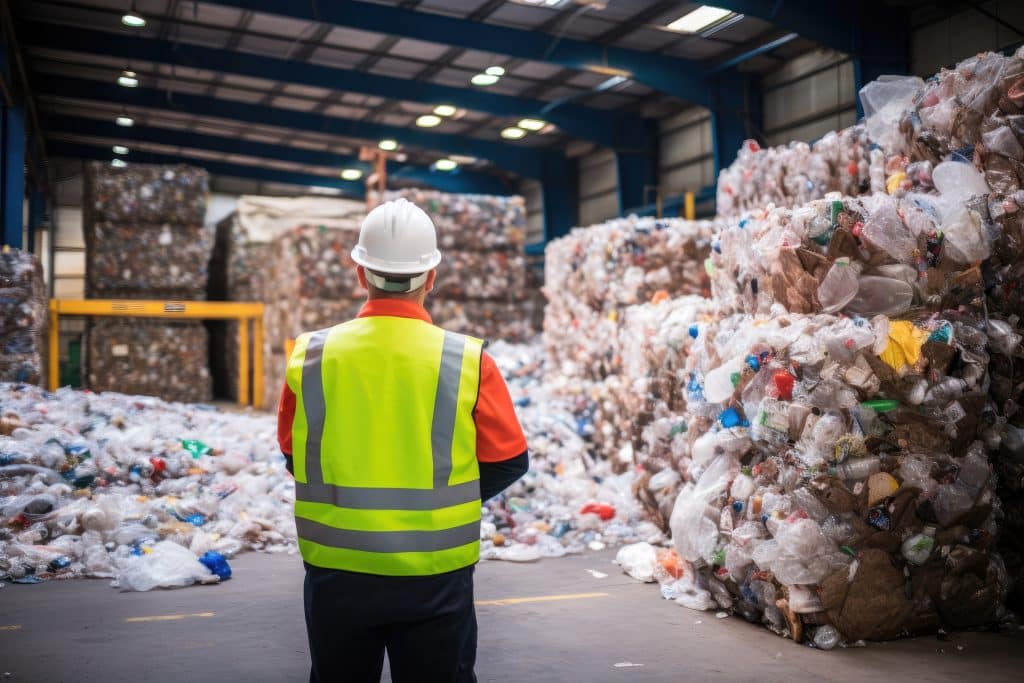 An engineer in safety clothes with vest and helmet observing blocks of plastic waste in a recycling facility