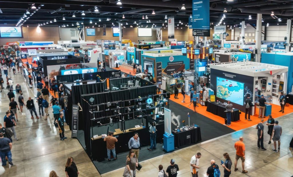 Bustling high-tech convention center with innovative exhibits