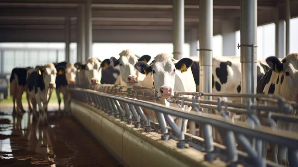 Dairy cows stand in a modern facility, as machines efficiently handle the milking operations